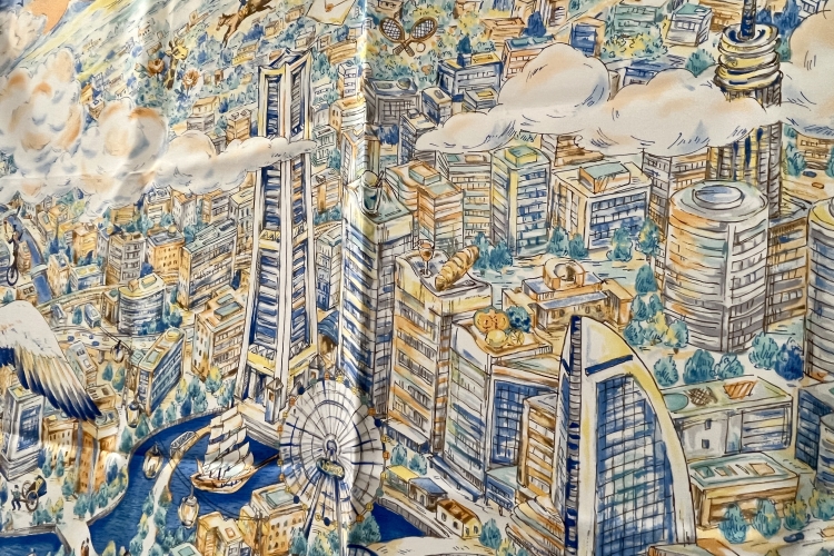 みなとみらいの街並みを空からの視点で描いたスケッチ風デザインのスカーフ